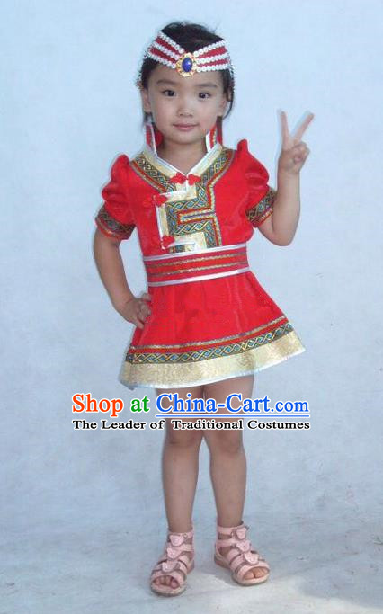 Traditional Chinese Mongol Nationality Dance Costume Children Red Mongol Coat, China Mongolian Minority Nationality Embroidery Dress Clothing for Kids