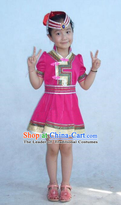Traditional Chinese Mongol Nationality Dance Costume Children Pink Mongol Robe, China Mongolian Minority Nationality Embroidery Dress Clothing for Kids