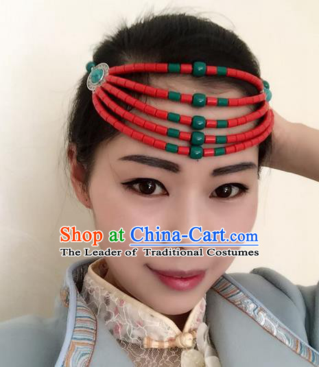 Traditional Handmade Chinese Mongol Nationality Dance Red Beads Hair Accessories Headwear, China Mongols Mongolian Minority Nationality Bride Headpiece for Women