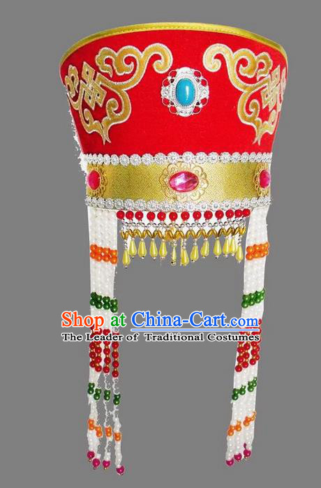 Traditional Handmade Chinese Mongol Nationality Dance Red Headwear Princess Hat, China Mongols Mongolian Minority Nationality Bride Headpiece for Women