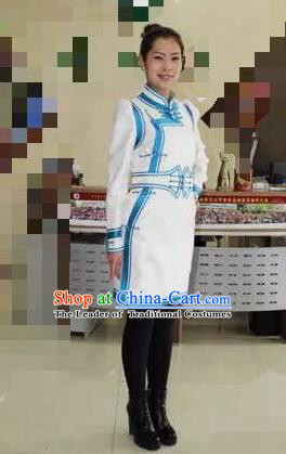 Traditional Chinese Mongol Nationality Dance Costume Handmade White Mongolian Robe, China Mongolian Minority Nationality Dress Clothing for Women