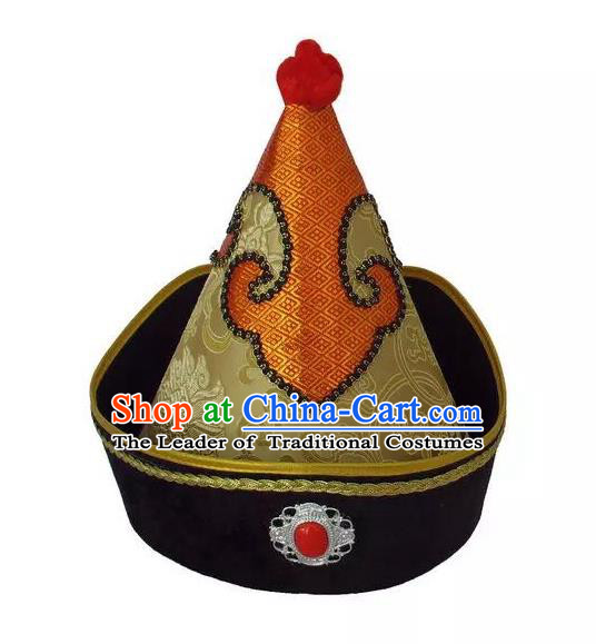 Traditional Handmade Chinese Mongol Nationality Dance Golden Headwear Prince Hat, China Mongolian Minority Nationality Royal Highness Headpiece for Men