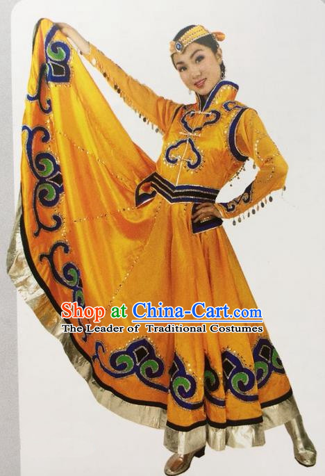 Traditional Chinese Mongol Nationality Dance Costume Yellow Mongolian Robe, China Mongolian Minority Nationality Clothing for Women