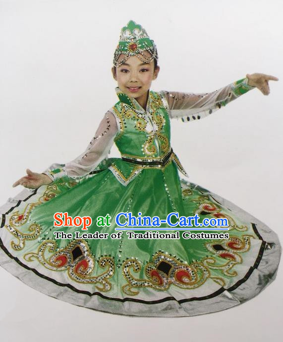Traditional Chinese Mongol Nationality Dance Costume Green Mongolian Robe, China Mongolian Minority Nationality Dress Clothing for Kids