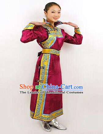 Traditional Chinese Mongol Nationality Dance Costume Bride Purple Mongolian Robe, China Mongolian Minority Nationality Princess Dress Clothing for Women