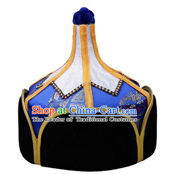 Traditional Handmade Chinese Mongol Nationality Dance Headwear Royal Highness Blue Hat, China Mongolian Minority Nationality Children Bridegroom Headpiece for Kids