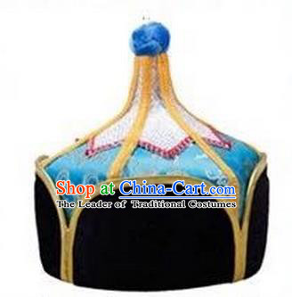 Traditional Handmade Chinese Mongol Nationality Dance Headwear Royal Highness Light Blue Hat, China Mongolian Minority Nationality Children Bridegroom Headpiece for Kids
