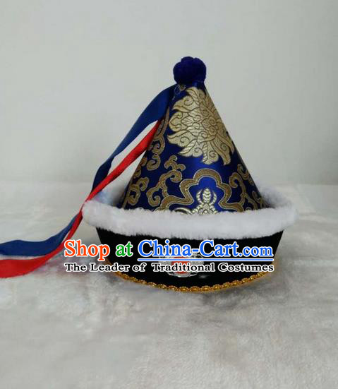 Traditional Handmade Chinese Mongol Nationality Dance Headwear Children Hat, China Mongolian Minority Nationality Royal Highness Blue Headpiece for Kids