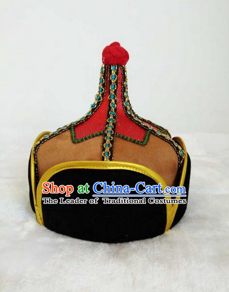 Traditional Handmade Chinese Mongol Nationality Dance Headwear Royal Highness Hat, China Mongolian Minority Nationality Prince Light Tan Headpiece for Men