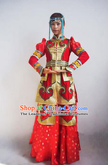 Traditional Chinese Mongol Nationality Dance Costume Handmade Queen Mongolian Robe, China Mongolian Minority Nationality Bride Wedding Red Dress Clothing for Women