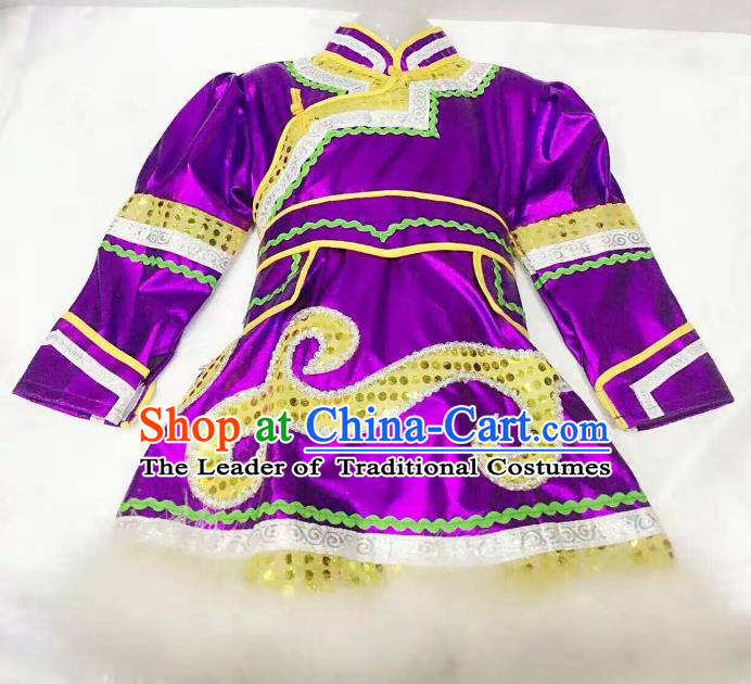 Traditional Chinese Mongol Nationality Dance Costume Handmade Embroidery Purple Mongolian Robe, China Mongolian Minority Nationality Dress for Kids