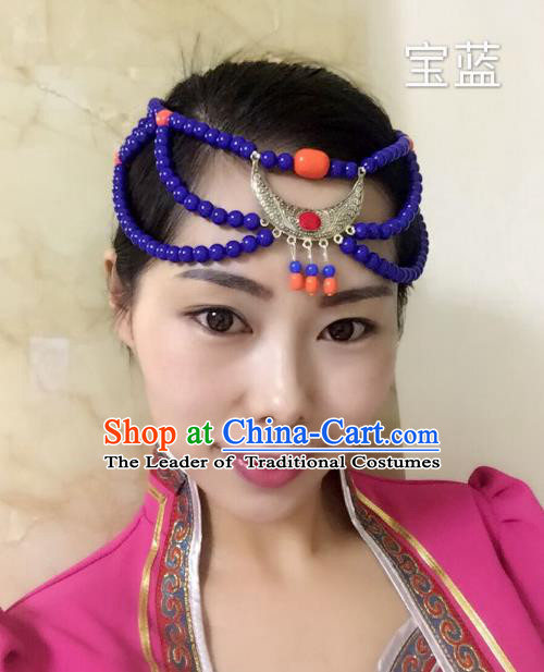 Traditional Handmade Chinese Mongol Nationality Handmade Sliver Purple Beads Headband, China Mongols Mongolian Minority Nationality Wedding Bride Tassel Headwear Headpiece for Women