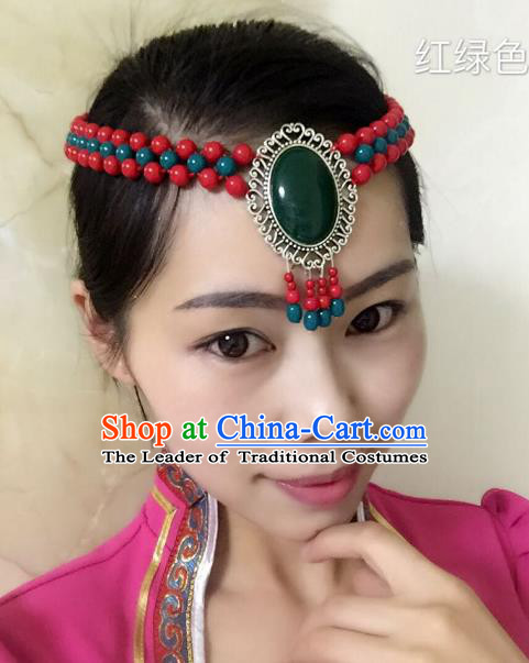 Traditional Handmade Chinese Mongol Nationality Handmade Green and Red Beads Headband, China Mongols Mongolian Minority Nationality Wedding Bride Tassel Headwear Headpiece for Women