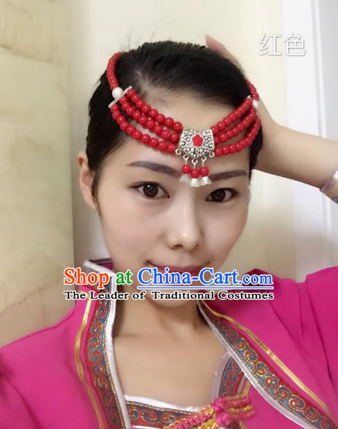Traditional Handmade Chinese Mongol Nationality Handmade Red Beads Headband, China Mongols Mongolian Minority Nationality Wedding Sliver Headwear Headpiece for Women
