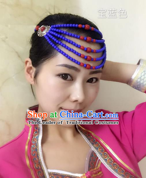 Traditional Handmade Chinese Mongol Nationality Handmade Royalblue Beads Hair Accessories, China Mongols Mongolian Minority Nationality Wedding Headwear for Women