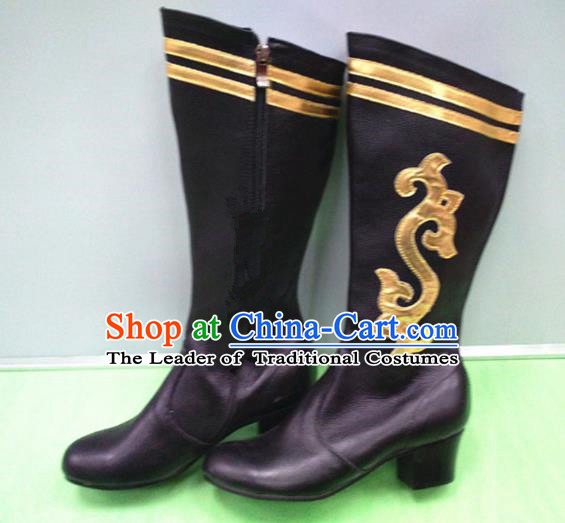 Traditional Chinese Minority Mongol Nationality Dance Black Leather Shoes, Ethnic Minorities Mongolian Boots for Women