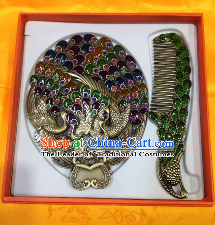 Traditional Handmade Chinese Mongol Nationality Crafts Comb and Peacock Pocket Mirror, China Mongolian Minority Nationality Cloisonne Mirror for Women
