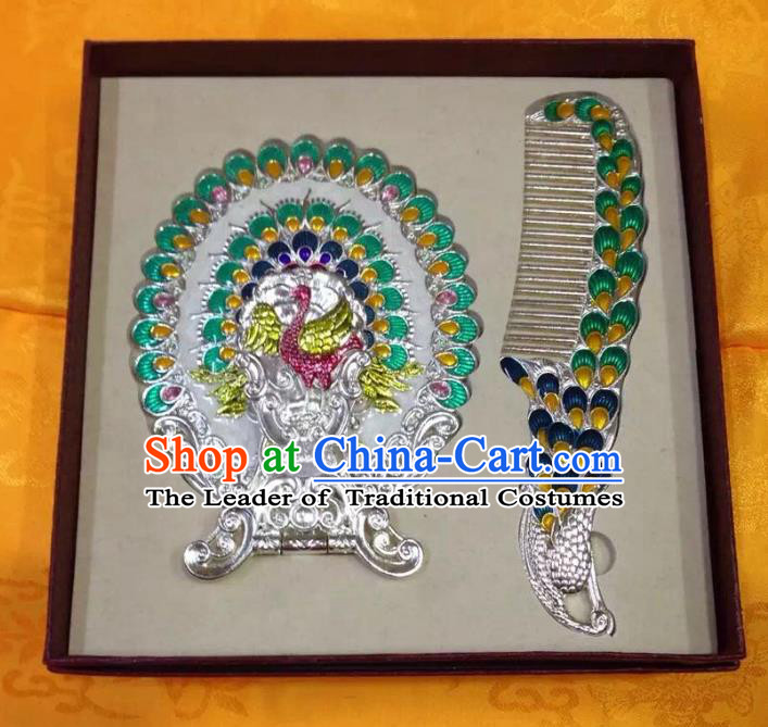 Traditional Handmade Chinese Mongol Nationality Crafts Light Green Hair Comb and Peacock Pocket Mirror, China Mongolian Minority Nationality Cloisonne Mirror for Women