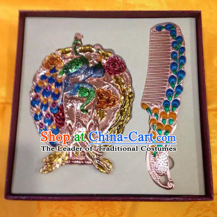 Traditional Handmade Chinese Mongol Nationality Crafts Blue Hair Comb and Peacock Pocket Mirror, China Mongolian Minority Nationality Cloisonne Mirror for Women