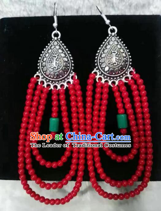 Traditional Handmade Chinese Mongol Nationality Crafts Earrings, China Mongolian Minority Nationality Accessories Red Beads Eardrop for Women
