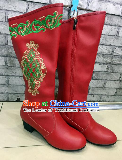 Traditional Chinese Minority Mongol Nationality Dance Shoes, Ethnic Minorities Mongolian Wedding Boots Red Embroidery Boots for Women