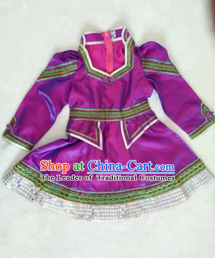 Traditional Chinese Mongol Nationality Dance Costume Handmade Mongolian Robe, China Mongolian Minority Nationality Purple Dress for Kids
