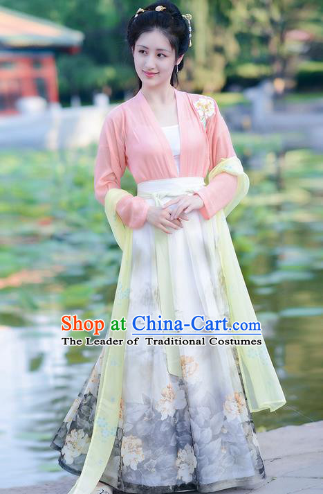 Traditional Ancient Chinese Costume Ming Dynasty Young Lady Blouse and Dress, Elegant Hanfu Clothing Chinese Palace Princess Printing Costume for Women
