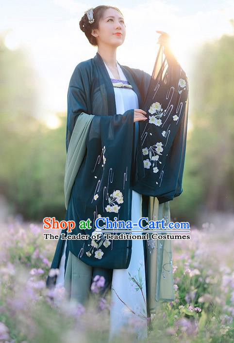 Traditional Ancient Chinese Costume Song Dynasty Young Lady Embroidery Wide Sleeve Cardigan, Elegant Hanfu Clothing Chinese Palace Princess Unlined Upper Garment Costume for Women