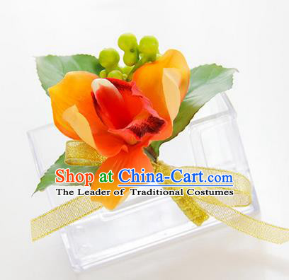 Top Grade Classical Wedding Orange Silk Flowers,Groom Emulational Corsage Groomsman Brooch Flowers for Men