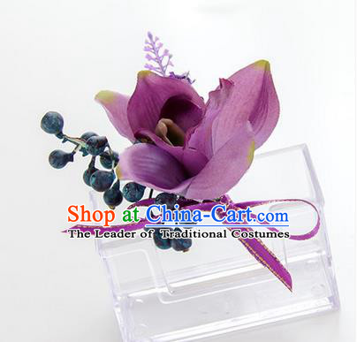 Top Grade Classical Wedding Bacca Purple Silk Flowers,Groom Emulational Corsage Groomsman Brooch Flowers for Men