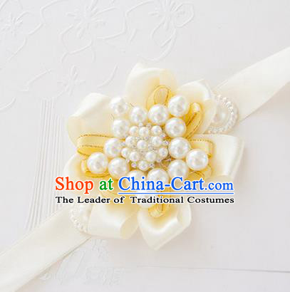 Top Grade Classical Wedding Pearl Yellow Ribbon Bangle, Bride Emulational Wrist Flowers Bridesmaid Bracelet Flowers for Women