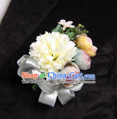 Top Grade Classical Wedding White Ribbon Silk Flowers,Groom Emulational Corsage Groomsman Brooch Flowers for Men