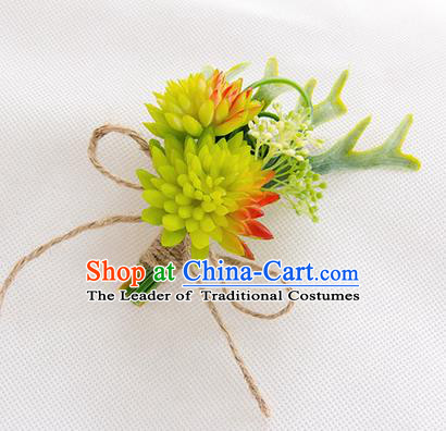 Top Grade Classical Wedding Succulents Flowers,Groom Emulational Corsage Groomsman Light Green Brooch Flowers for Men