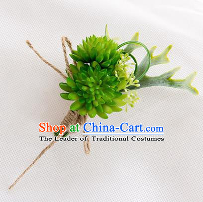 Top Grade Classical Wedding Succulents Flowers,Groom Emulational Corsage Groomsman Green Brooch Flowers for Men