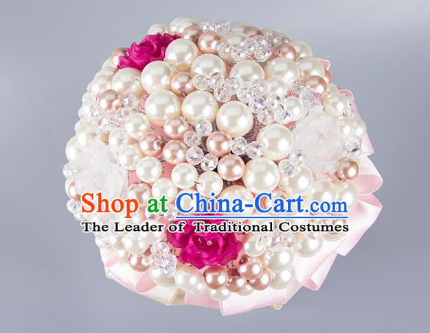 Top Grade Classical Wedding Bride Pink Ribbon Holding Emulational Crystal Flowers Ball, Hand Tied Bouquet Pearls Flowers for Women