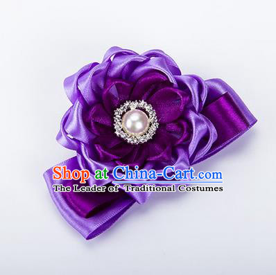 Top Grade Classical Wedding Purple Ribbon Silk Bangle Flowers, Bride Emulational Wrist Flowers Bridesmaid Bracelet Pearl Flowers for Women