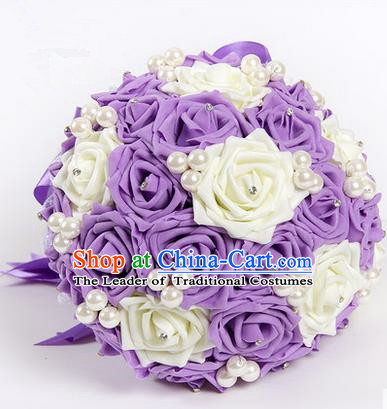 Top Grade Classical Wedding White and Purple Silk Rose Flowers, Bride Holding Emulational Flowers, Hand Tied Bouquet Pearl Flowers for Women
