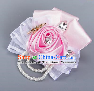 Top Grade Classical Wedding Pink Ribbon Flowers, Bride Emulational Crystal Wrist Flowers Bridesmaid Beads Bracelet Flowers for Women