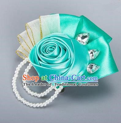 Top Grade Classical Wedding Green Ribbon Flowers, Bride Emulational Crystal Wrist Flowers Bridesmaid Beads Bracelet Flowers for Women