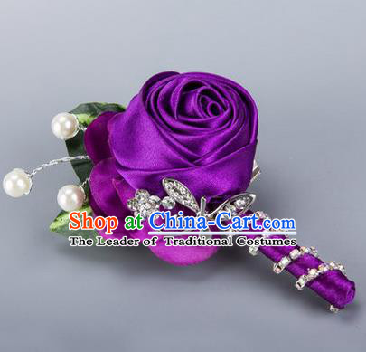 Top Grade Classical Wedding Crystal Silk Flowers,Groom Emulational Corsage Groomsman Purple Ribbon Pearl Brooch Flowers for Men