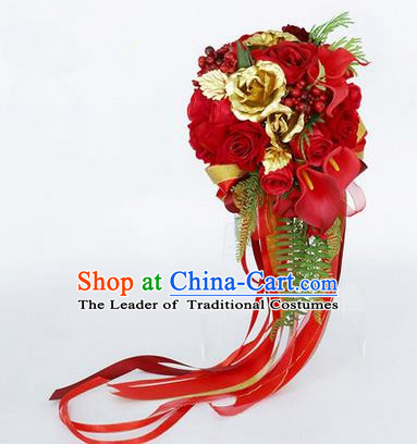 Top Grade Classical Wedding Red Rose Flower Brooch, Bride Emulational Corsage Bridesmaid Brooch Flowers for Women