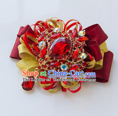 Top Grade Classical Wedding Red Ribbon Corsage Brooch, Bride Emulational Corsage Bridemaid Crystal Brooch Flowers for Women