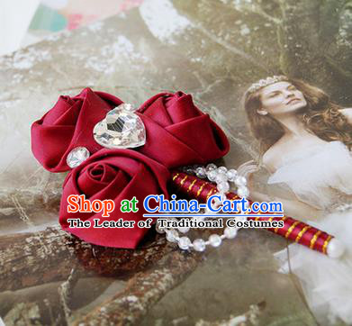 Top Grade Classical Wedding Wine Red Ribbon Flowers Brooch,Groom Emulational Corsage Groomsman Crystal Brooch Flowers for Men