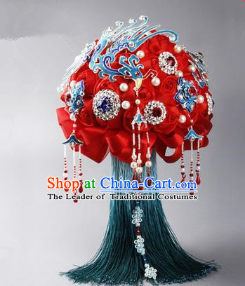Top Grade Classical China Wedding Peking Opera Red Silk Flowers, Bride Holding Crystal Emulational Phoenix Flowers Ball, Tassel Hand Tied Bouquet Flowers for Women