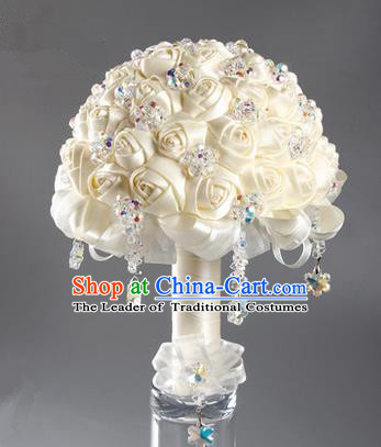 Top Grade Classical China Wedding Extravagant White Ribbon Flowers Nosegay, Bride Holding Luxury Crystal Flowers Ball Hand Tied Bouquet Flowers for Women