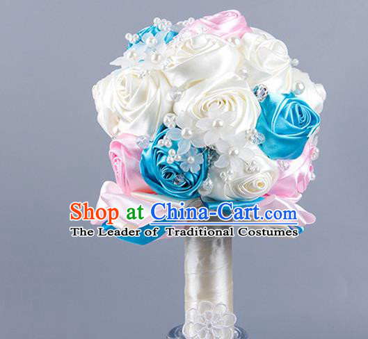 Top Grade Classical Wedding Beige Ribbon Silk Rose Flowers, Bride Holding Emulational Flowers Ball, Hand Tied Bouquet Flowers for Women