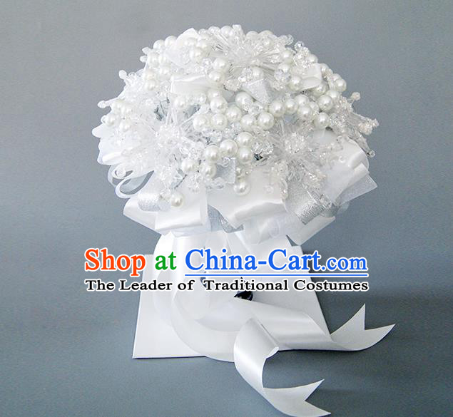 Top Grade Classical Wedding White Pearls Flowers, Bride Holding Emulational Flowers Ball, Hand Tied Bouquet Flowers for Women