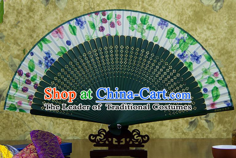 Traditional Chinese Handmade Crafts Green Folding Fan, China Sensu Ink Painting Flowers Silk Fan Hanfu Fans for Women