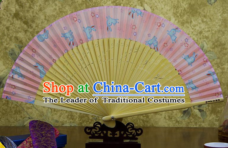 Traditional Chinese Handmade Crafts Pink Folding Fan, China Sensu Printing Rabbits Silk Fan Hanfu Fans for Women