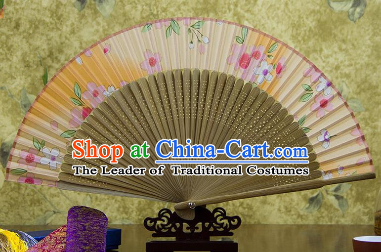 Traditional Chinese Handmade Crafts Orange Folding Fan, China Sensu Printing Flowers Silk Fan Hanfu Fans for Women